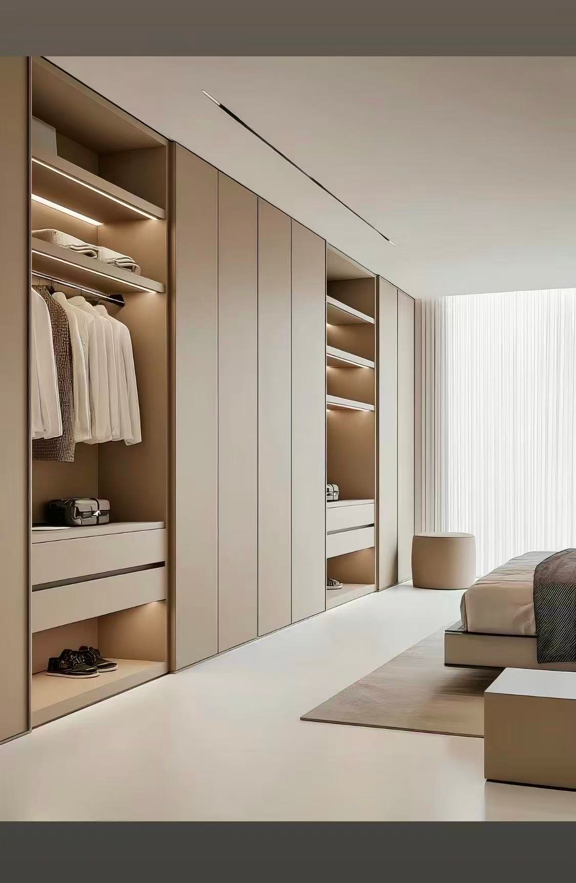 Custom bedroom storage remodel with built-in wardrobe and integrated lighting